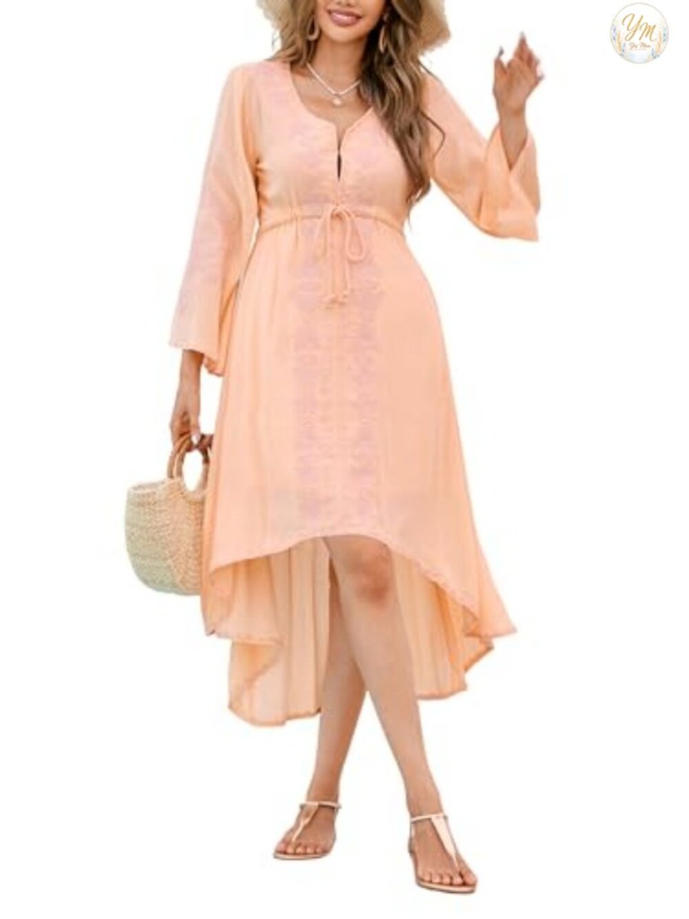 Boho Floral Embroidered High Low Dress V Neck Bell Sleeve